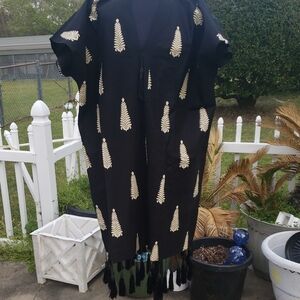 Black and Cream Midi Dress with Fringe